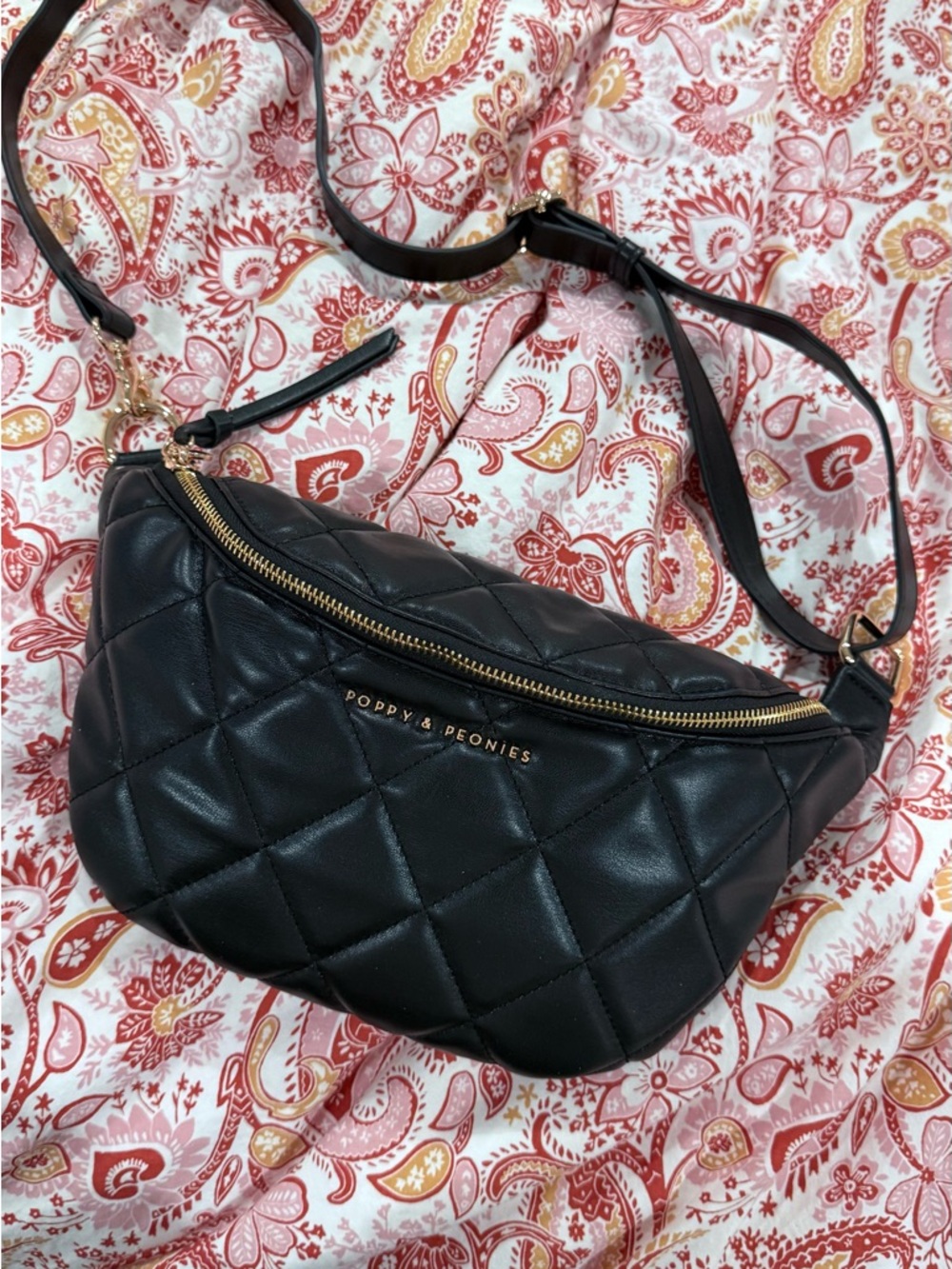Poppy & Peonies Black Quilted Leather Crossbody Belt Bag